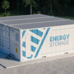 Concept of energy storage unit consisting of multiple conected containers with batteries. 3d rednering.